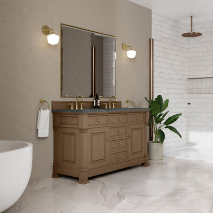 James Martin Vanities Brookfield 60" Pecan Double Vanity With 3 cm Parisien Bleu Silestone Top and FreePower Wireless Charger