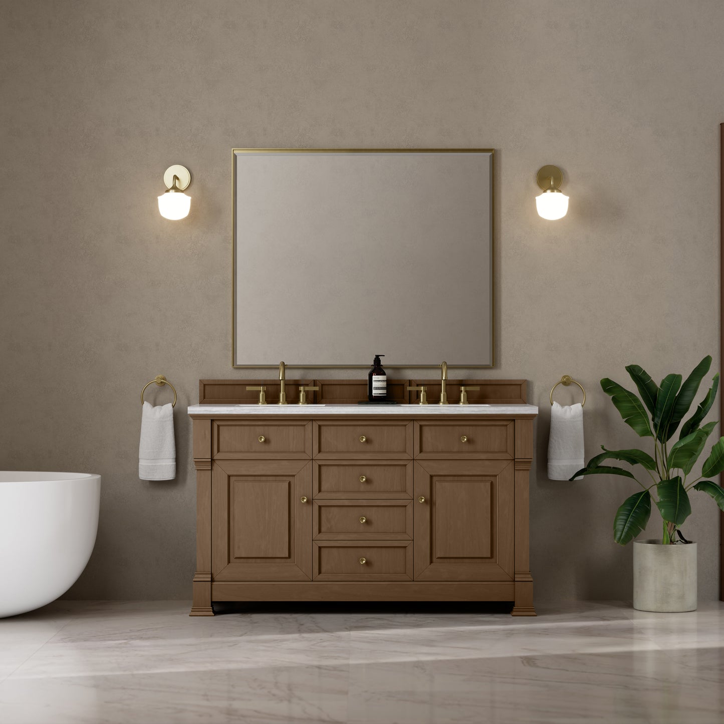 James Martin Vanities Brookfield 60" Pecan Double Vanity With 3cm Arctic Fall Solid Surface Top