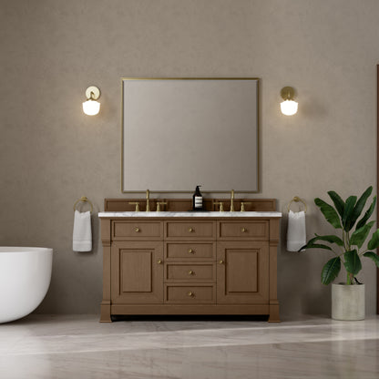 James Martin Vanities Brookfield 60" Pecan Double Vanity With 3cm Carrara White Marble Top