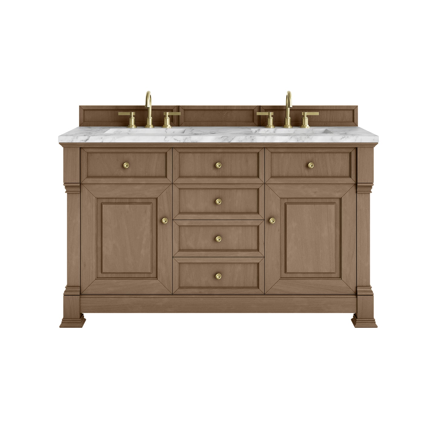 James Martin Vanities Brookfield 60" Pecan Double Vanity With 3cm Carrara White Marble Top