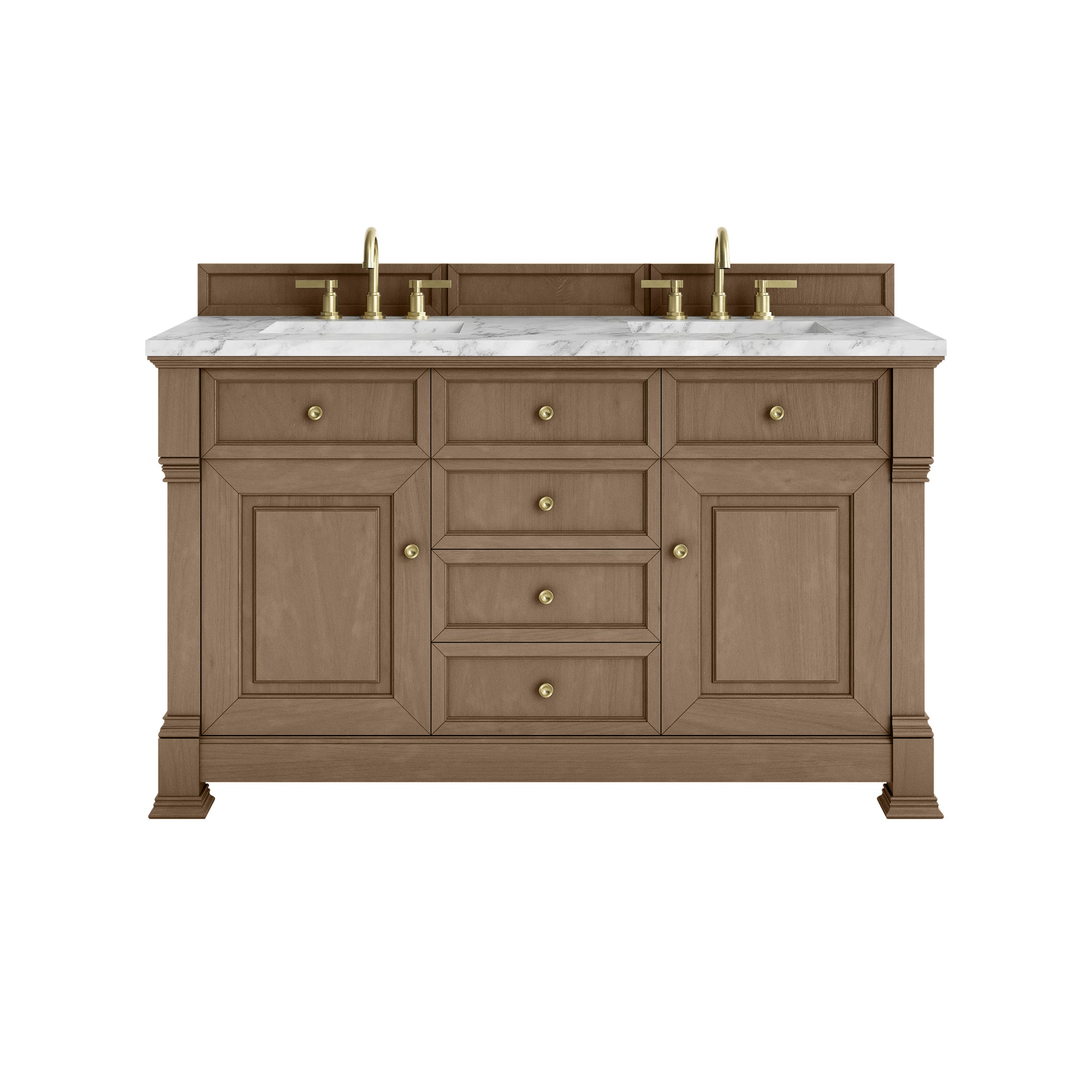 James Martin Vanities Brookfield 60" Pecan Double Vanity With 3cm Carrara White Marble Top