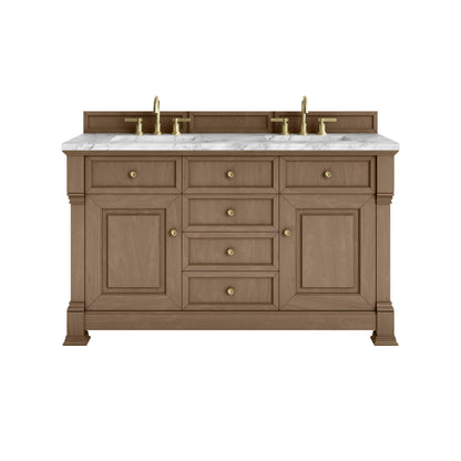 James Martin Vanities Brookfield 60" Pecan Double Vanity With 3cm Carrara White Marble Top