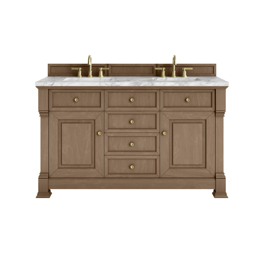 James Martin Vanities Brookfield 60" Pecan Double Vanity With 3cm Carrara White Marble Top
