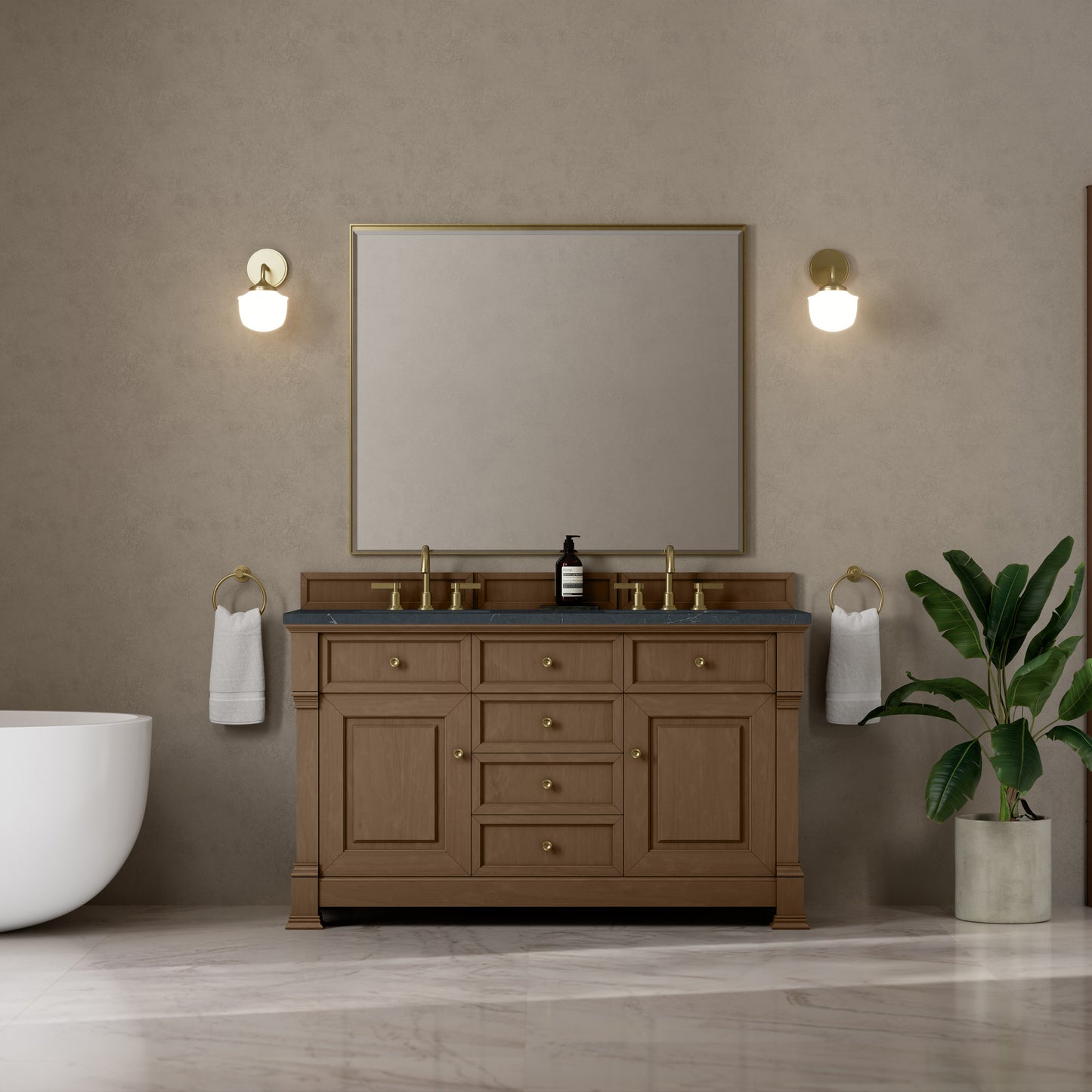 James Martin Vanities Brookfield 60" Pecan Double Vanity With 3cm Charcoal Soapstone Silestone Top