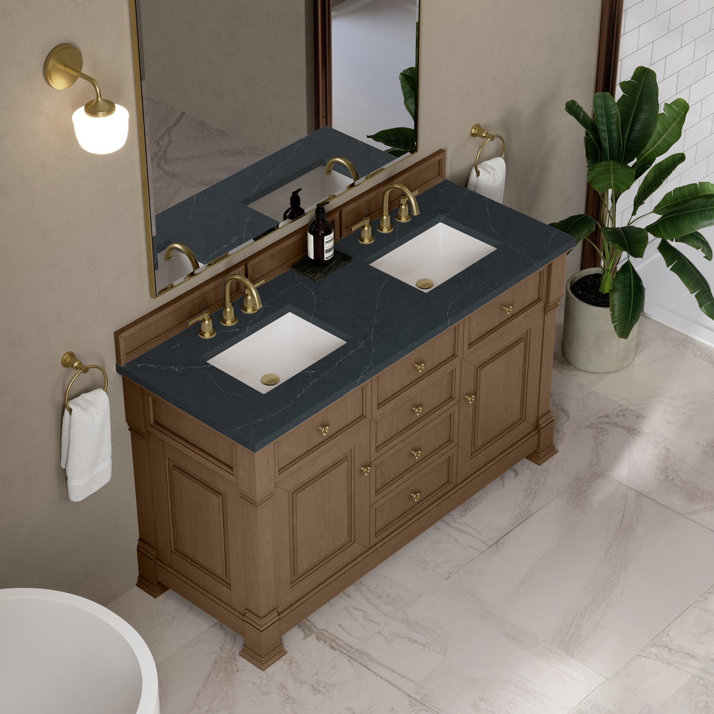 James Martin Vanities Brookfield 60" Pecan Double Vanity With 3cm Charcoal Soapstone Silestone Top