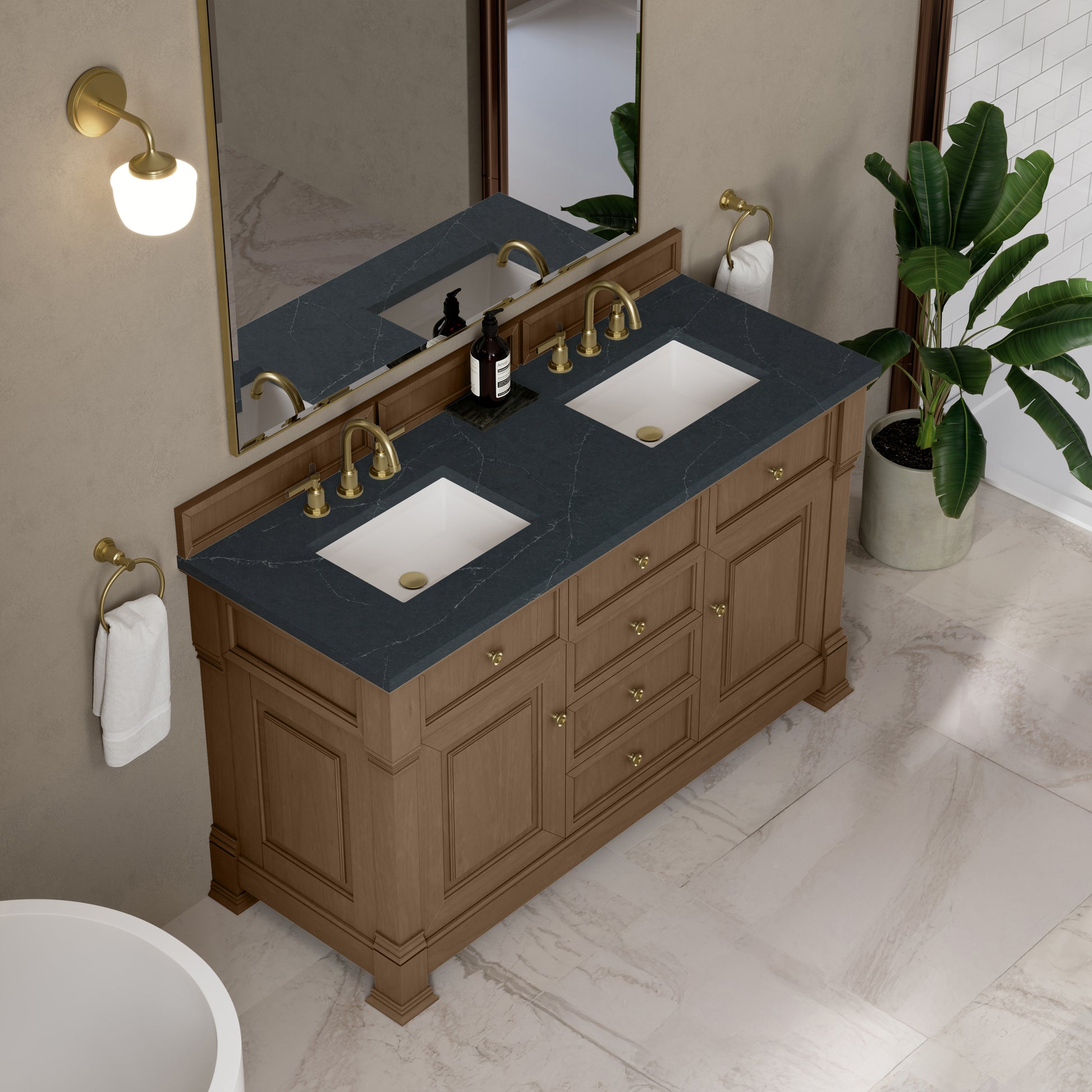 James Martin Vanities Brookfield 60" Pecan Double Vanity With 3cm Charcoal Soapstone Silestone Top