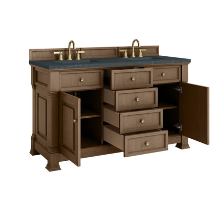James Martin Vanities Brookfield 60" Pecan Double Vanity With 3cm Charcoal Soapstone Silestone Top