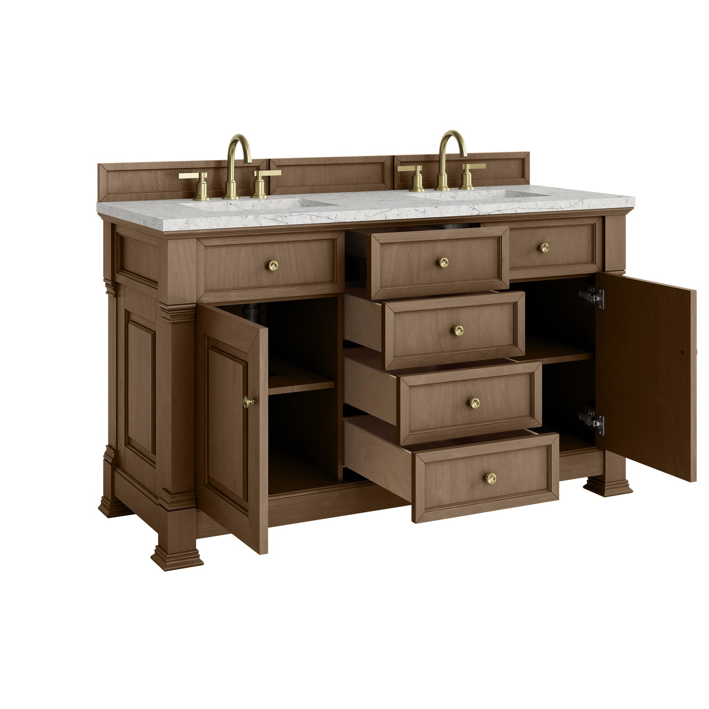 James Martin Vanities Brookfield 60" Pecan Double Vanity With 3cm Eternal Jasmine Pearl Silestone Top