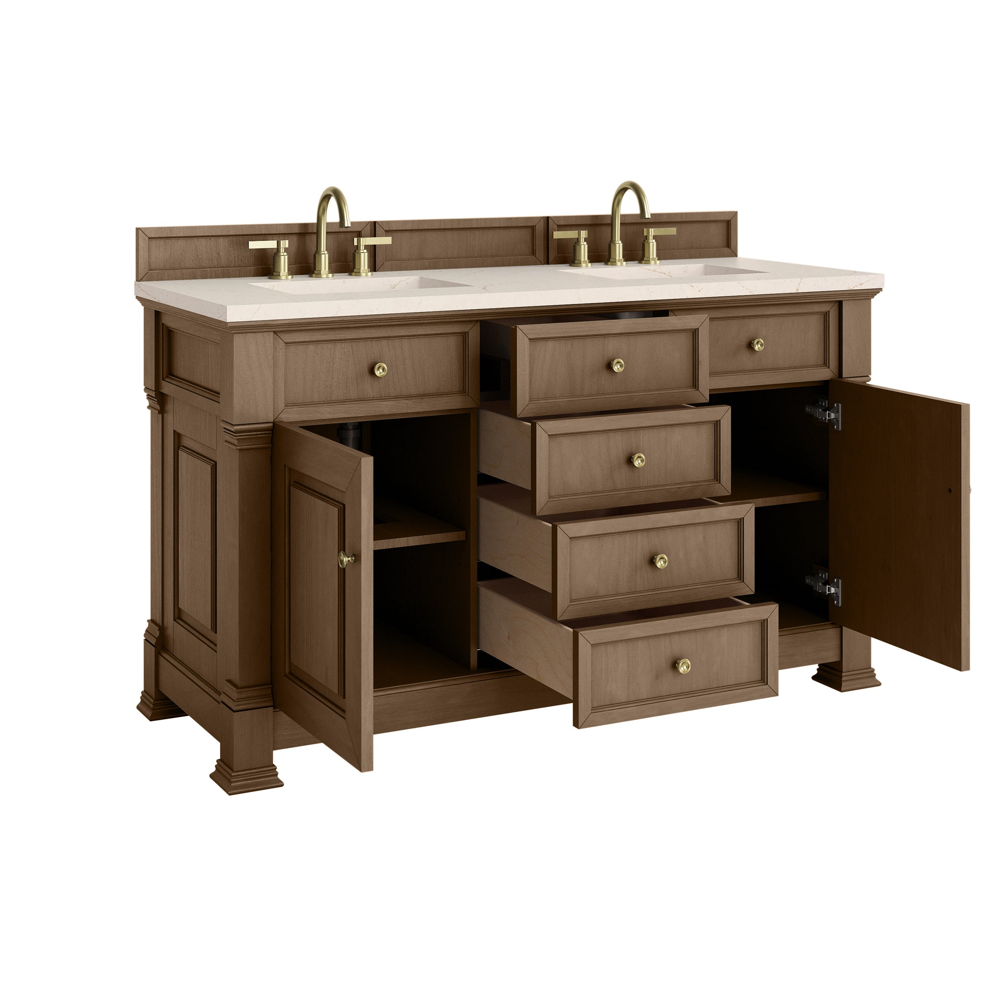 James Martin Vanities Brookfield 60" Pecan Double Vanity With 3cm Eternal Marfil Silestone Top