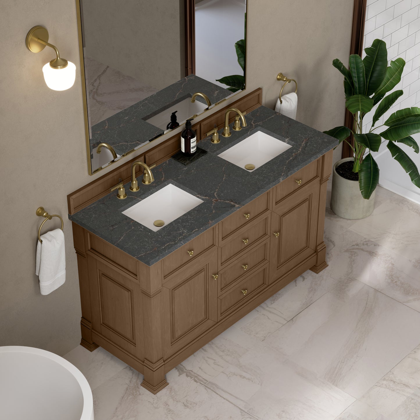 James Martin Vanities Brookfield 60" Pecan Double Vanity With 3cm Parisien Bleu Silestone Top