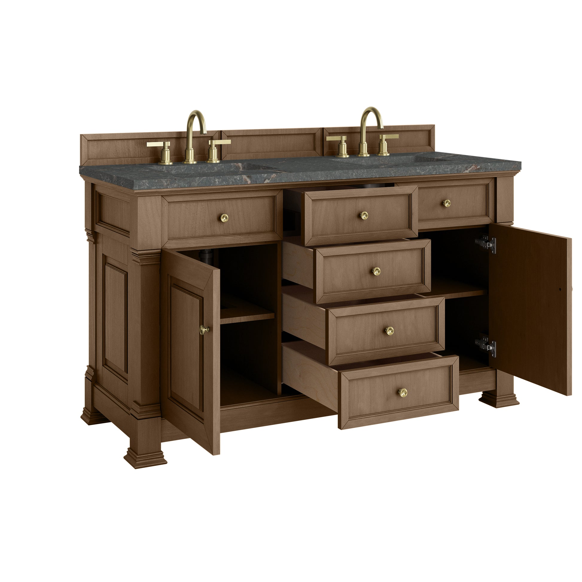 James Martin Vanities Brookfield 60" Pecan Double Vanity With 3cm Parisien Bleu Silestone Top