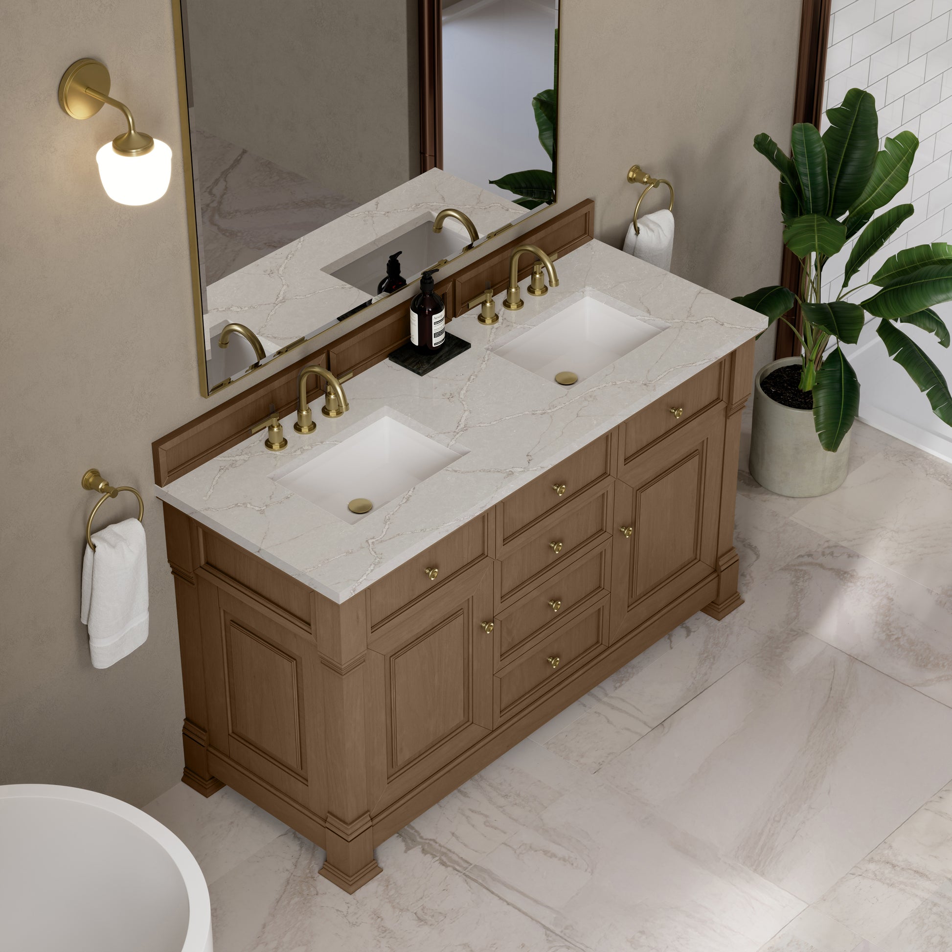 James Martin Vanities Brookfield 60" Pecan Double Vanity With 3cm Victorian Silver Silestone Top
