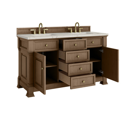 James Martin Vanities Brookfield 60" Pecan Double Vanity With 3cm Victorian Silver Silestone Top