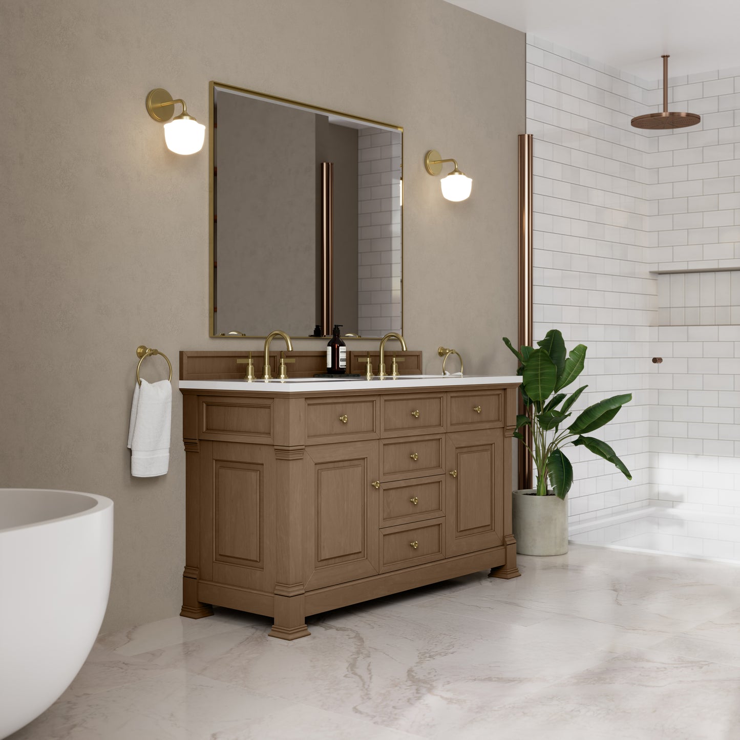 James Martin Vanities Brookfield 60" Pecan Double Vanity With 3cm White Zeus Silestone Top