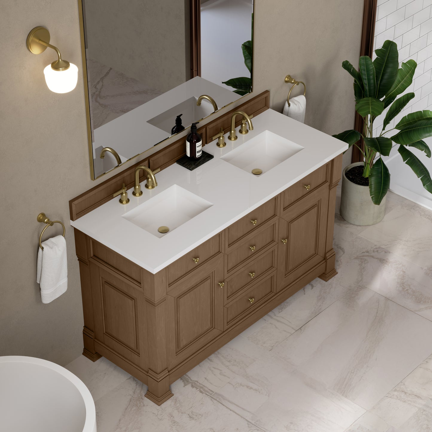 James Martin Vanities Brookfield 60" Pecan Double Vanity With 3cm White Zeus Silestone Top