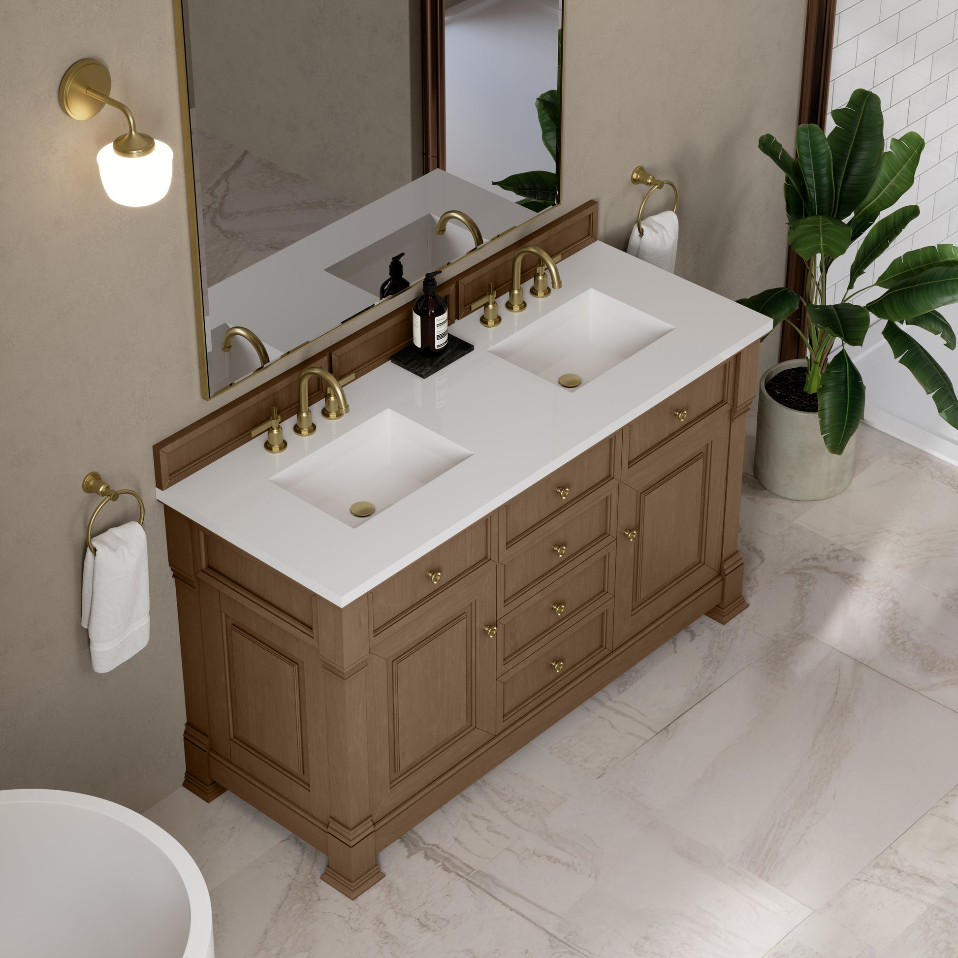 James Martin Vanities Brookfield 60" Pecan Double Vanity With 3cm White Zeus Silestone Top