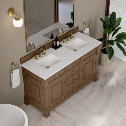 James Martin Vanities Brookfield 60" Pecan Double Vanity With 3cm White Zeus Silestone Top