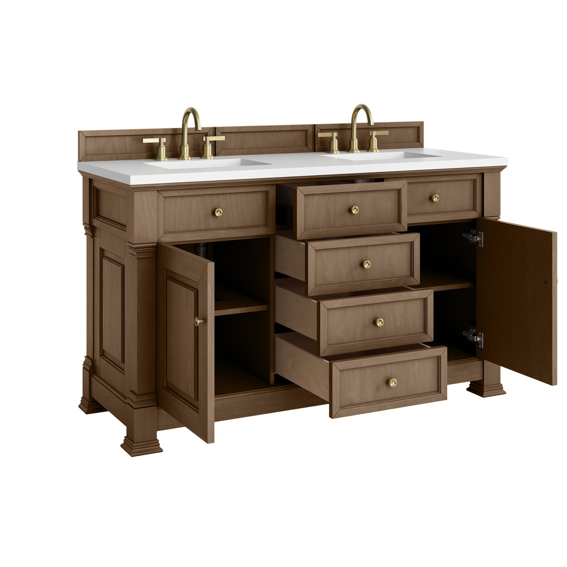 James Martin Vanities Brookfield 60" Pecan Double Vanity With 3cm White Zeus Silestone Top