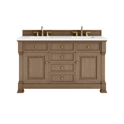 James Martin Vanities Brookfield 60" Pecan Double Vanity With 3cm White Zeus Silestone Top