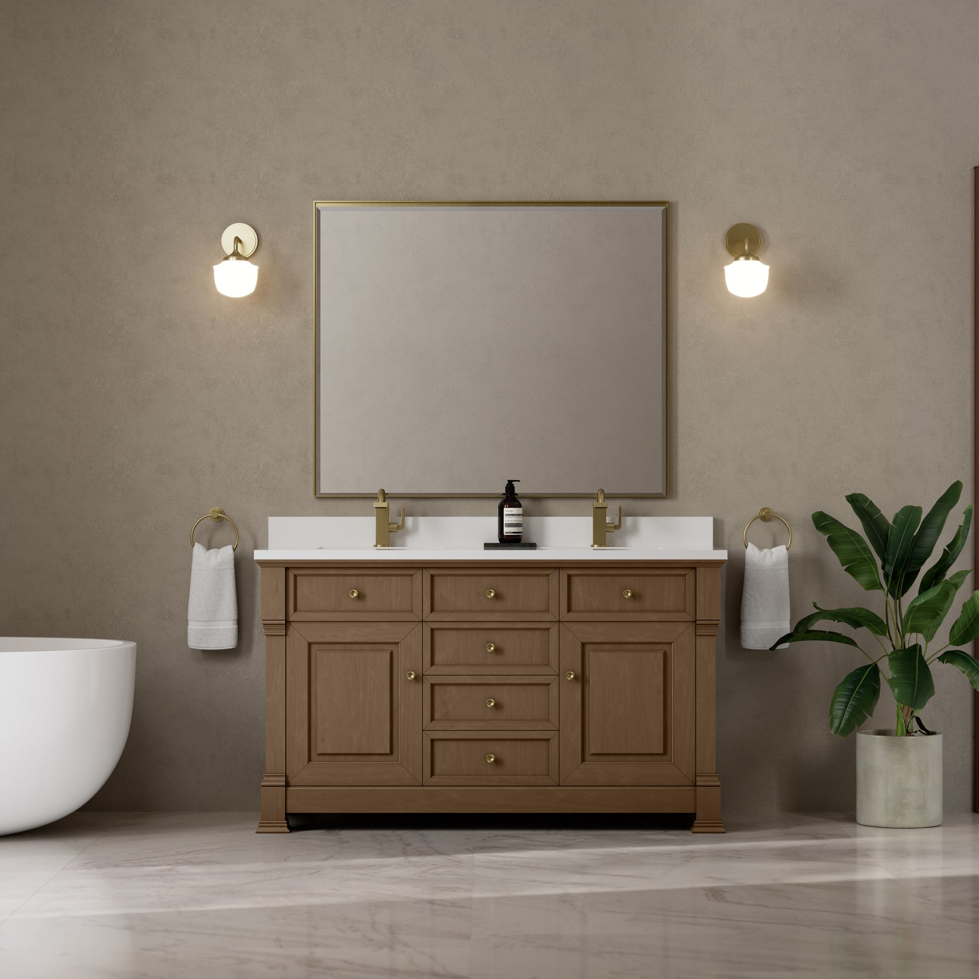 James Martin Vanities Brookfield 60" Pecan Double Vanity With Single Hole 3cm White Zeus Silestone Top and Backsplash