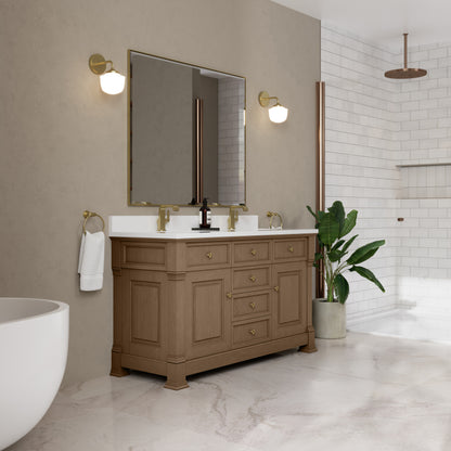 James Martin Vanities Brookfield 60" Pecan Double Vanity With Single Hole 3cm White Zeus Silestone Top and Backsplash