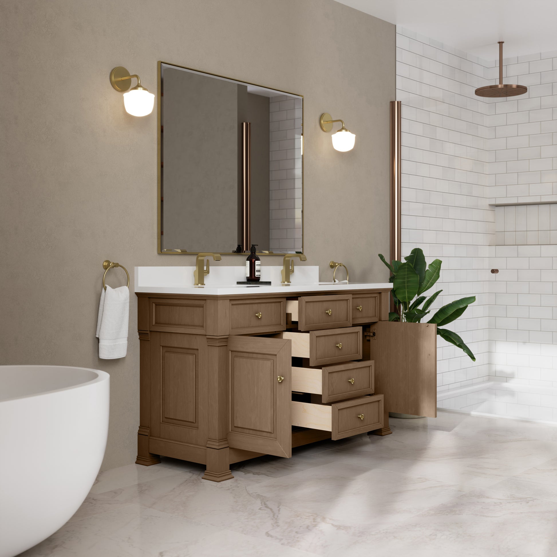 James Martin Vanities Brookfield 60" Pecan Double Vanity With Single Hole 3cm White Zeus Silestone Top and Backsplash