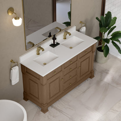 James Martin Vanities Brookfield 60" Pecan Double Vanity With Single Hole 3cm White Zeus Silestone Top and Backsplash