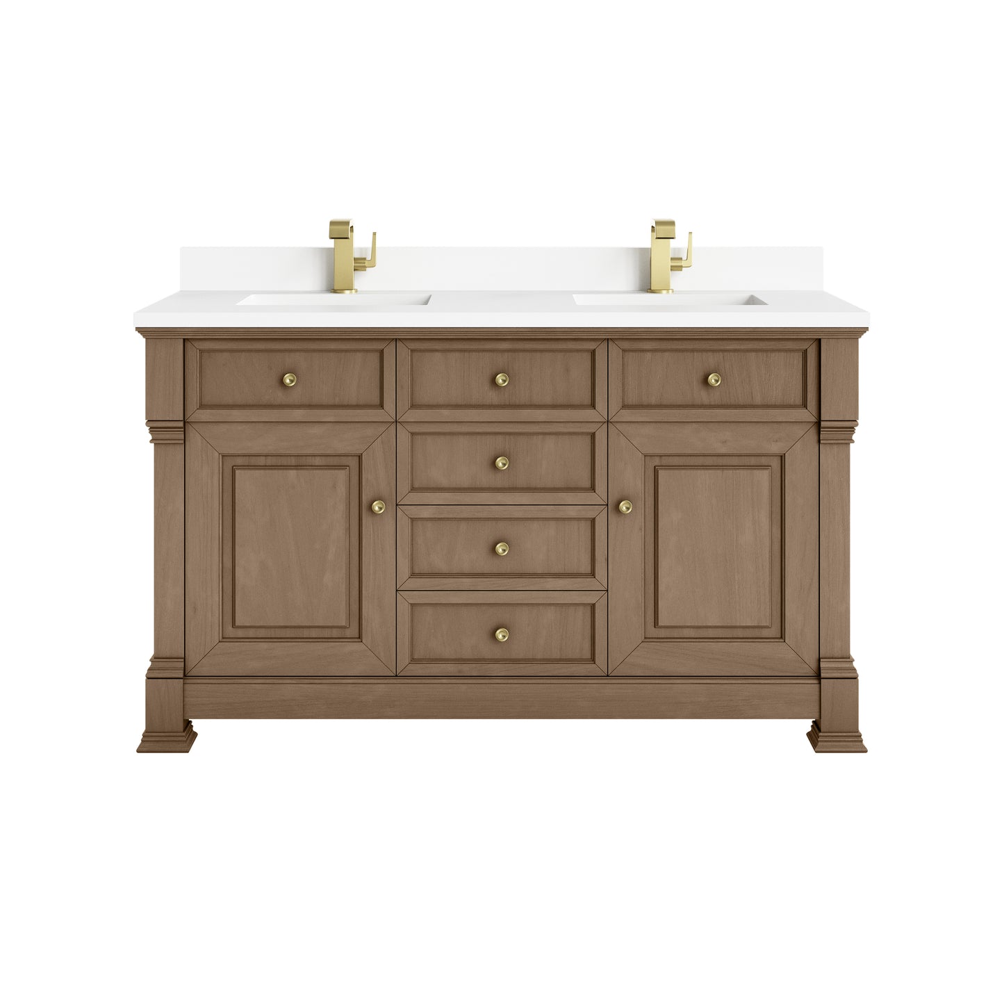 James Martin Vanities Brookfield 60" Pecan Double Vanity With Single Hole 3cm White Zeus Silestone Top and Backsplash