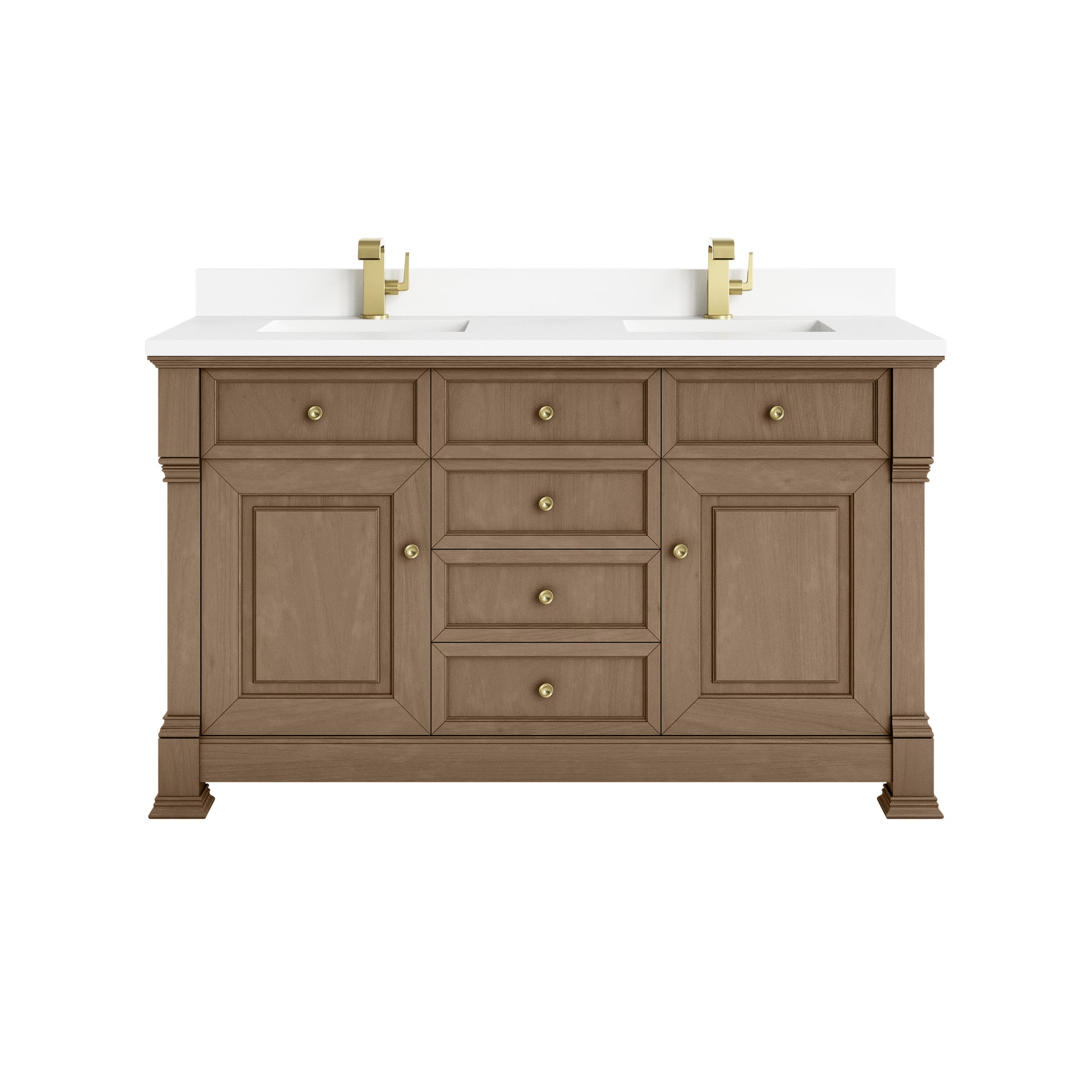 James Martin Vanities Brookfield 60" Pecan Double Vanity With Single Hole 3cm White Zeus Silestone Top and Backsplash