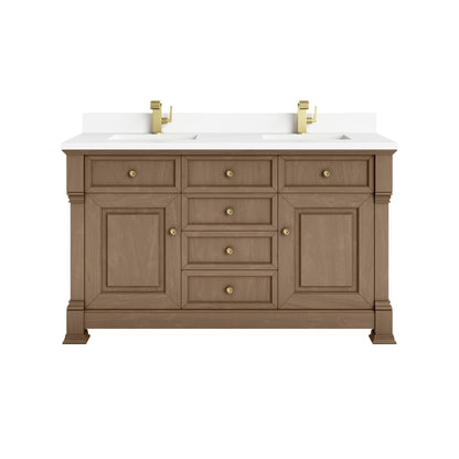 James Martin Vanities Brookfield 60" Pecan Double Vanity With Single Hole 3cm White Zeus Silestone Top and Backsplash