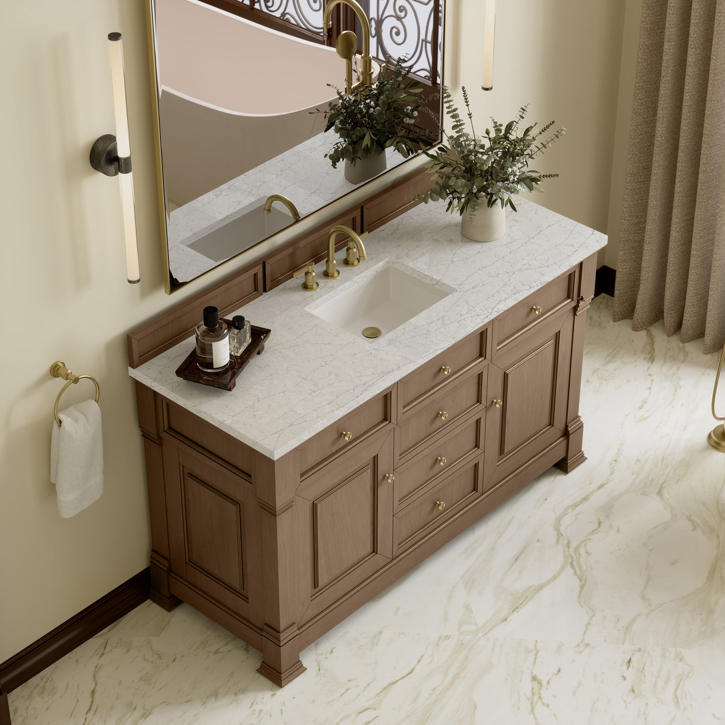 James Martin Vanities Brookfield 60" Pecan Single Vanity With 3cm Eternal Jasmine Pearl Silestone Top