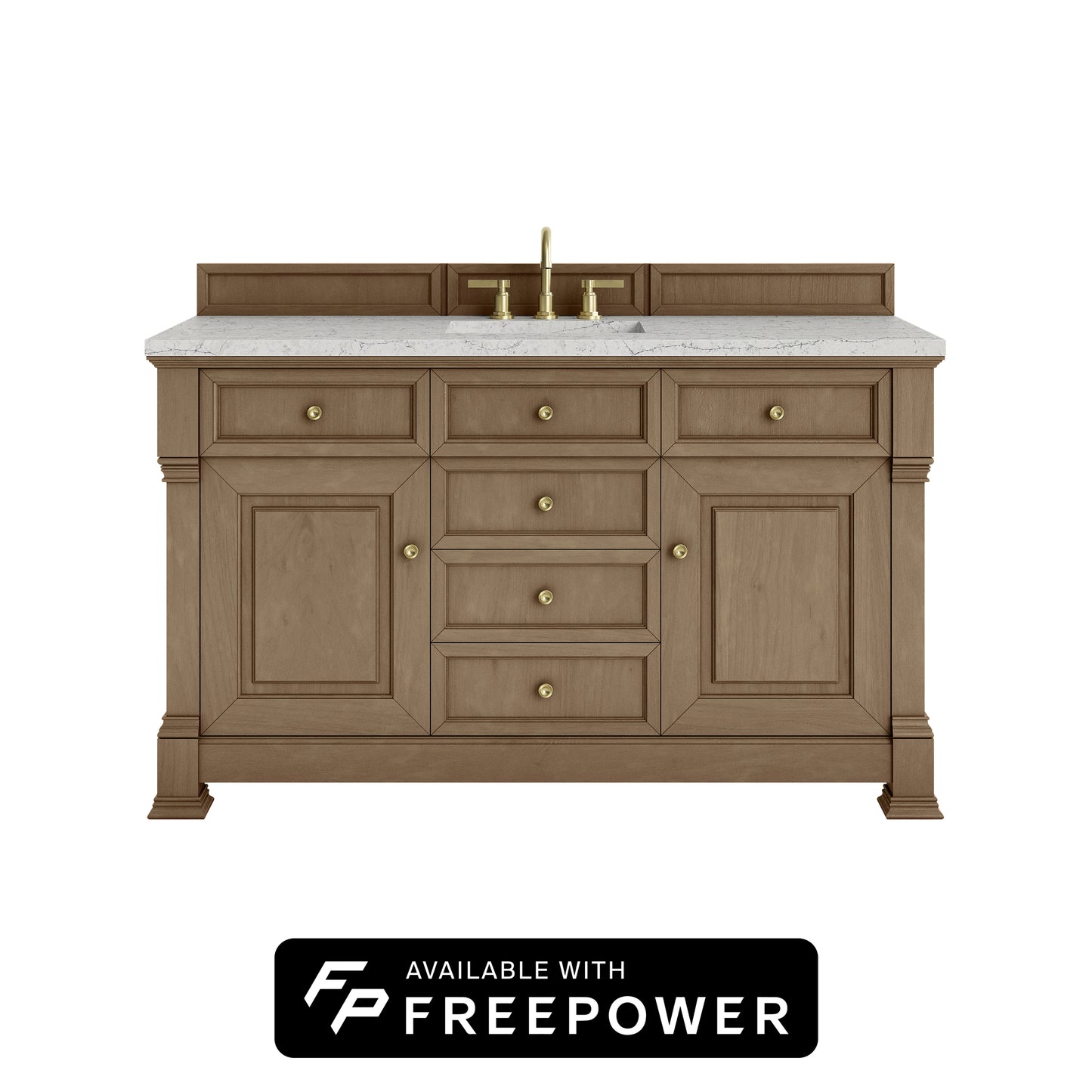 James Martin Vanities Brookfield 60" Pecan Single Vanity With 3cm Eternal Jasmine Pearl Silestone Top With FreePower Wireless Charger