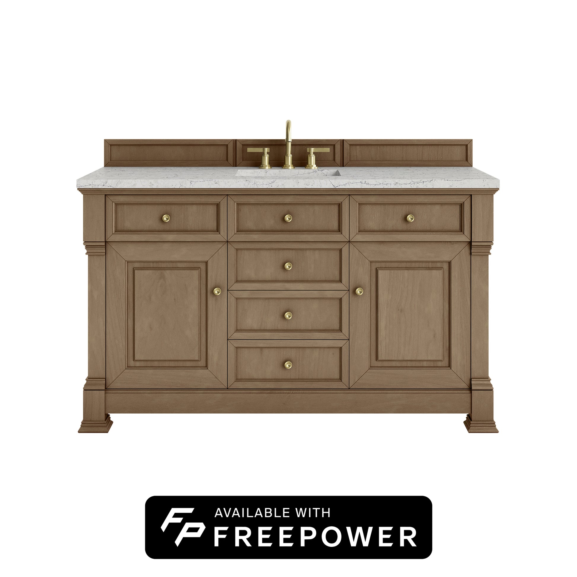 James Martin Vanities Brookfield 60" Pecan Single Vanity With 3cm Eternal Jasmine Pearl Silestone Top With FreePower Wireless Charger