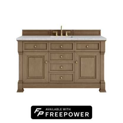 James Martin Vanities Brookfield 60" Pecan Single Vanity With 3cm Eternal Jasmine Pearl Silestone Top With FreePower Wireless Charger