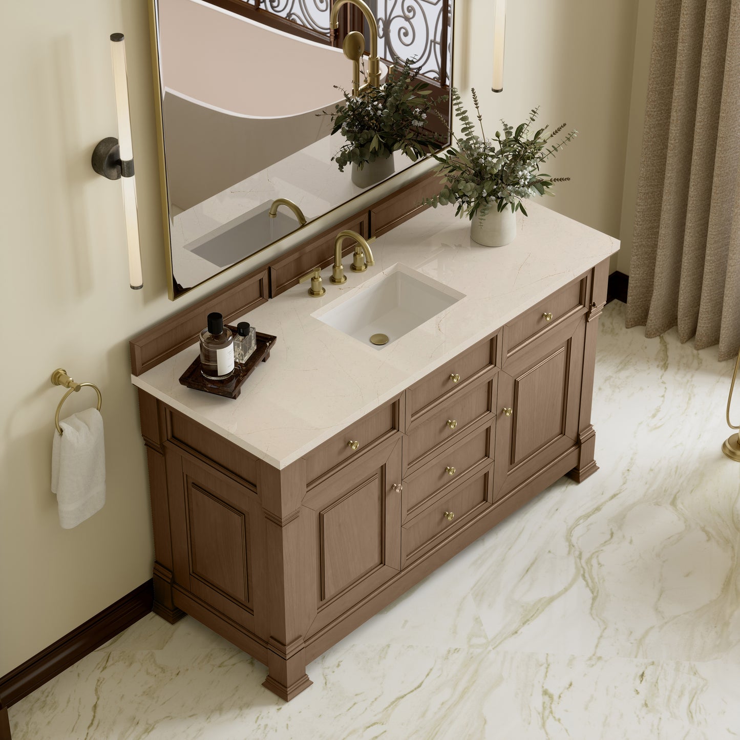 James Martin Vanities Brookfield 60" Pecan Single Vanity With 3cm Eternal Marfil Silestone Top