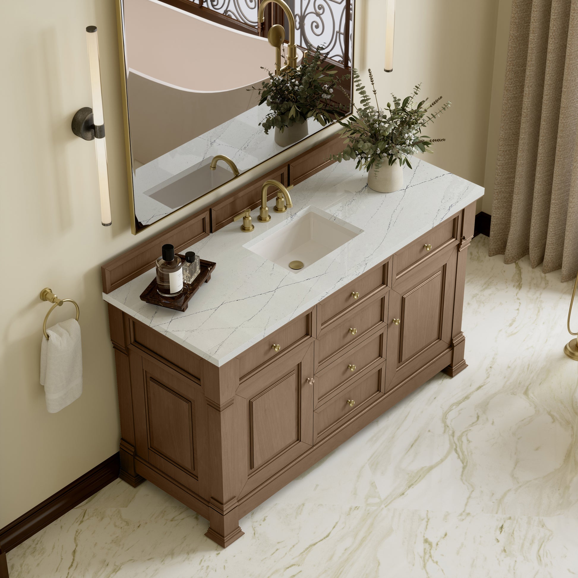 James Martin Vanities Brookfield 60" Pecan Single Vanity With 3cm Ethereal Noctis Silestone Top