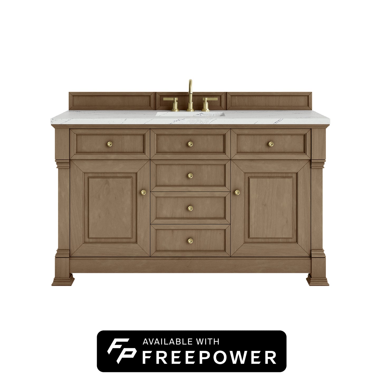 James Martin Vanities Brookfield 60" Pecan Single Vanity With 3cm Ethereal Noctis Silestone Top With FreePower Wireless Charger