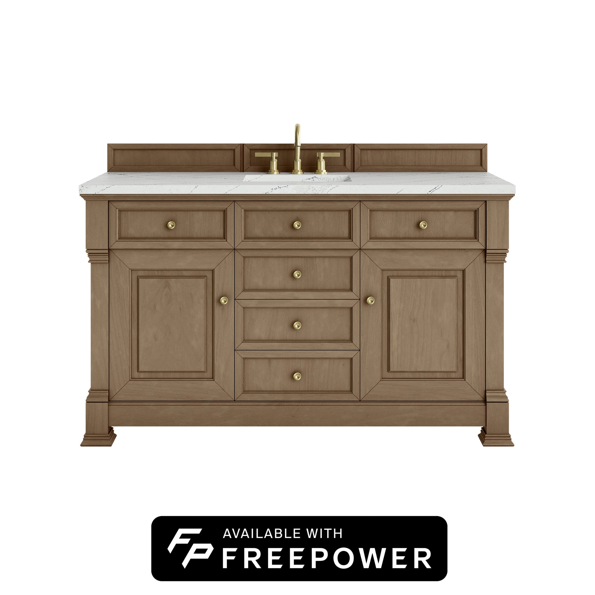 James Martin Vanities Brookfield 60" Pecan Single Vanity With 3cm Ethereal Noctis Silestone Top With FreePower Wireless Charger