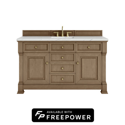 James Martin Vanities Brookfield 60" Pecan Single Vanity With 3cm Ethereal Noctis Silestone Top With FreePower Wireless Charger