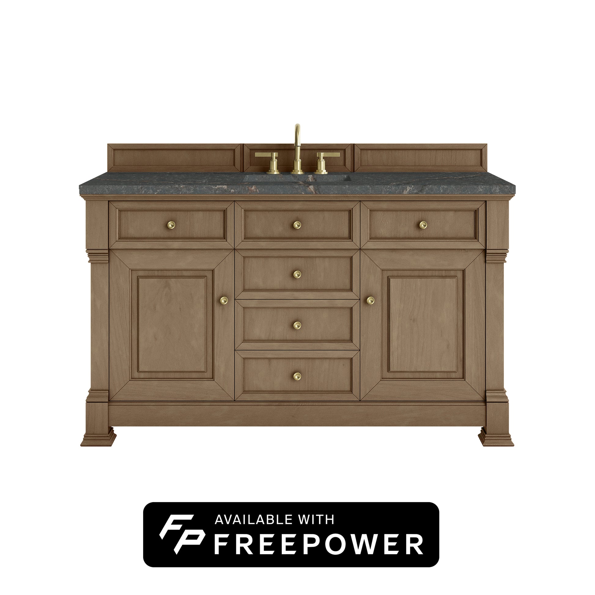 James Martin Vanities Brookfield 60" Pecan Single Vanity With 3cm Parisien Bleu Silestone Top With FreePower Wireless Charger