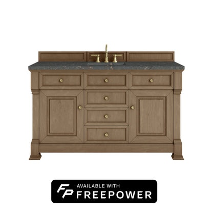 James Martin Vanities Brookfield 60" Pecan Single Vanity With 3cm Parisien Bleu Silestone Top With FreePower Wireless Charger