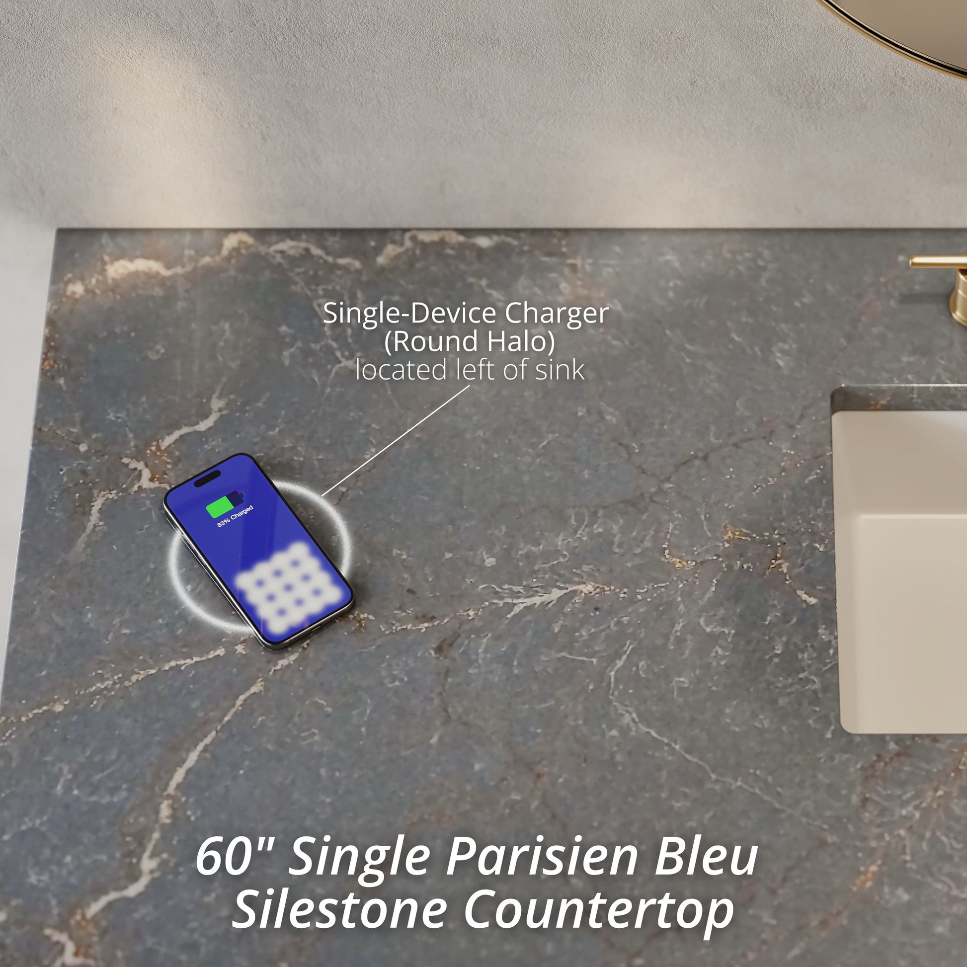 James Martin Vanities Brookfield 60" Pecan Single Vanity With 3cm Parisien Bleu Silestone Top With FreePower Wireless Charger