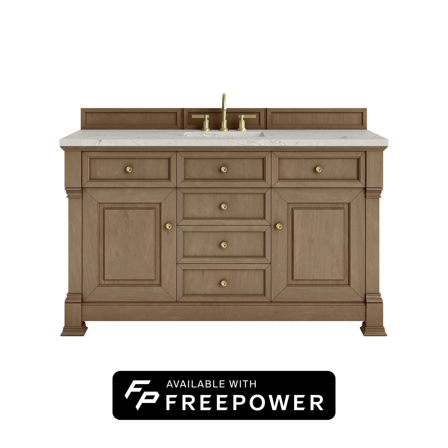 James Martin Vanities Brookfield 60" Pecan Single Vanity With 3cm Victorian Silver Silestone Top With FreePower Wireless Charger