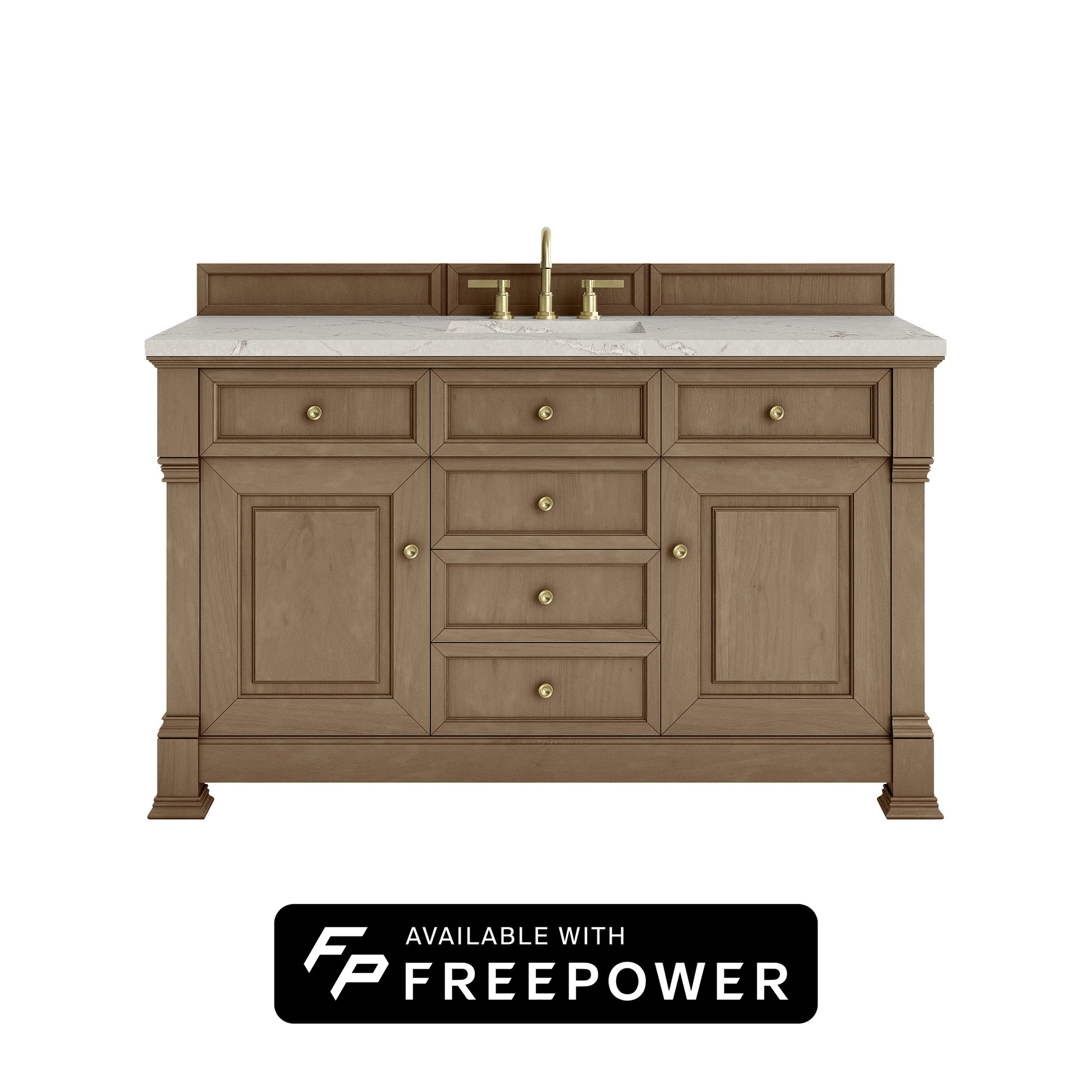 James Martin Vanities Brookfield 60" Pecan Single Vanity With 3cm Victorian Silver Silestone Top With FreePower Wireless Charger