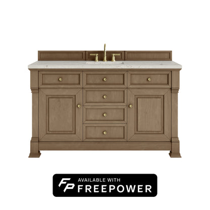 James Martin Vanities Brookfield 60" Pecan Single Vanity With 3cm Victorian Silver Silestone Top With FreePower Wireless Charger