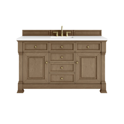 James Martin Vanities Brookfield 60" Pecan Single Vanity With 3cm White Zeus Silestone Top