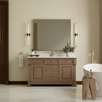 James Martin Vanities Brookfield 60" Pecan Single Vanity With Single Hole 3cm White Zeus Silestone Top and Backsplash