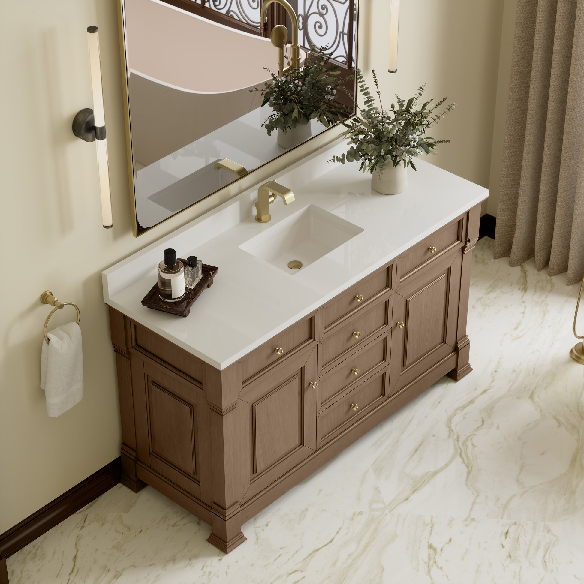 James Martin Vanities Brookfield 60" Pecan Single Vanity With Single Hole 3cm White Zeus Silestone Top and Backsplash