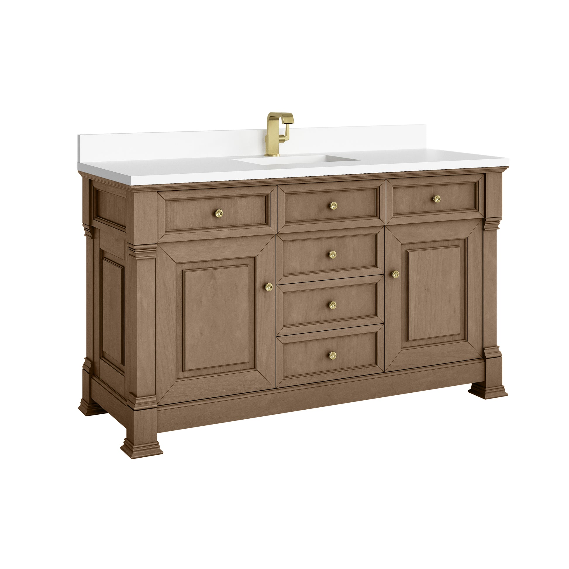 James Martin Vanities Brookfield 60" Pecan Single Vanity With Single Hole 3cm White Zeus Silestone Top and Backsplash