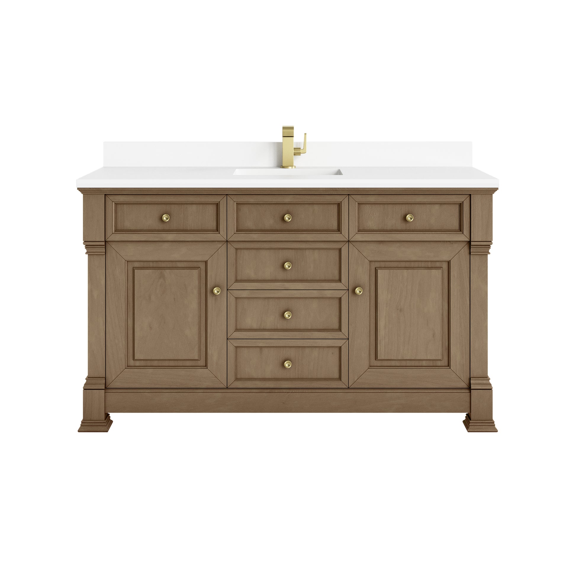 James Martin Vanities Brookfield 60" Pecan Single Vanity With Single Hole 3cm White Zeus Silestone Top and Backsplash